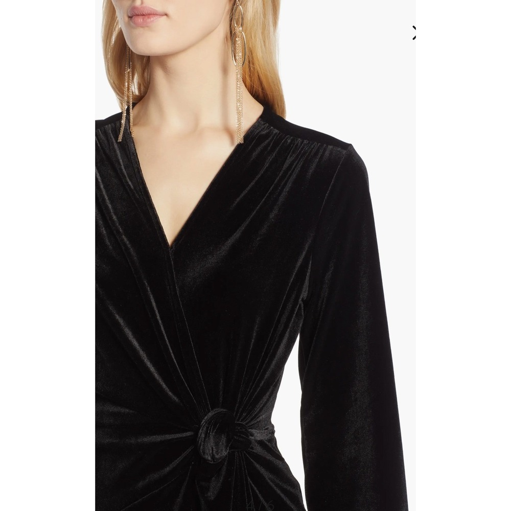 Halogen S Black Velvet Faux Wrap V Neck Knot Long Sleeve Midi Women Dress Goth - Picture 3 of 12